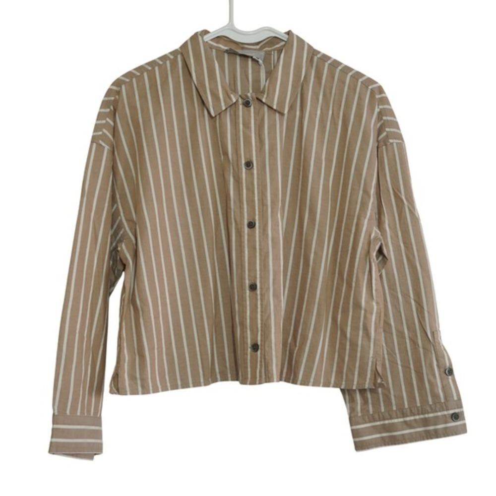Everlane XS Tan White Striped Cotton Boxy Button Down Cropped Shirt Contemporary